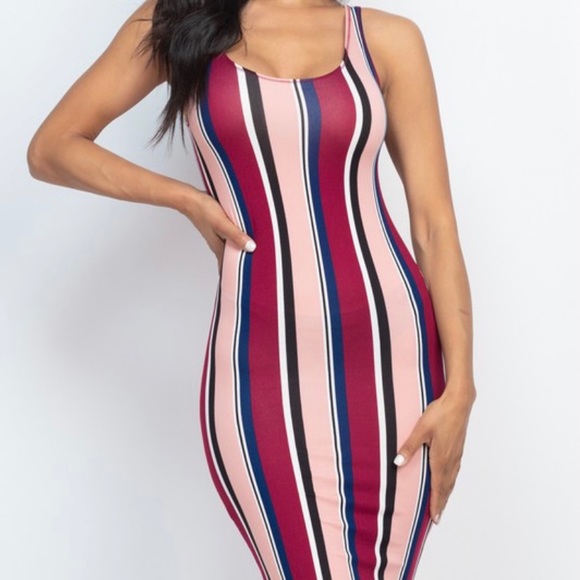 New Multi-Striped Bodycon Midi Dress - Picture 3 of 7